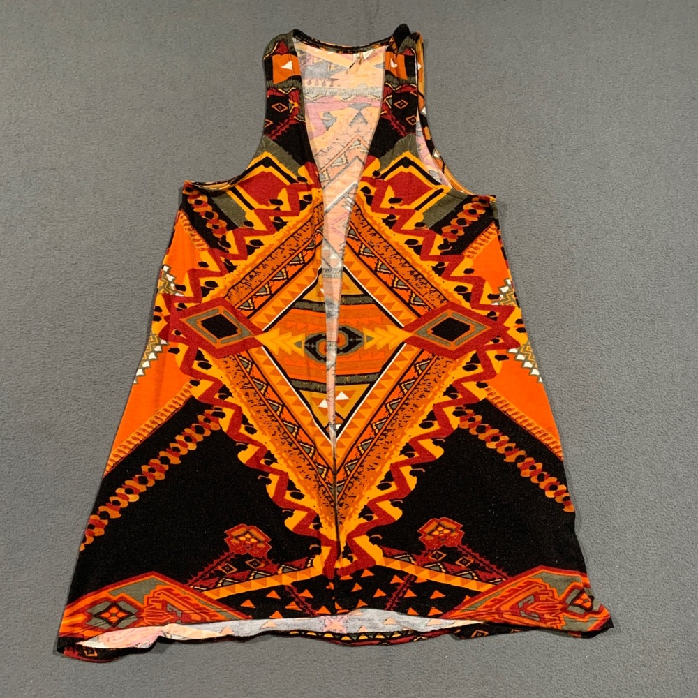 EST. 1946‎ Womens Medium Orange Black Aztec Geometric Open Front Sleeveless Vest